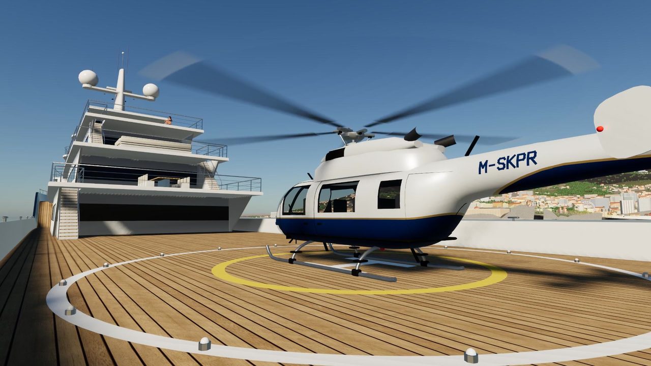 The helicopter on the helideck of a superyacht, from the Yacht Skipper helicopter trailer