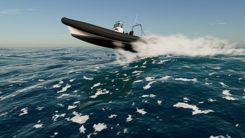 A RIB jumping off a wave at full throttle, in Yacht Skipper