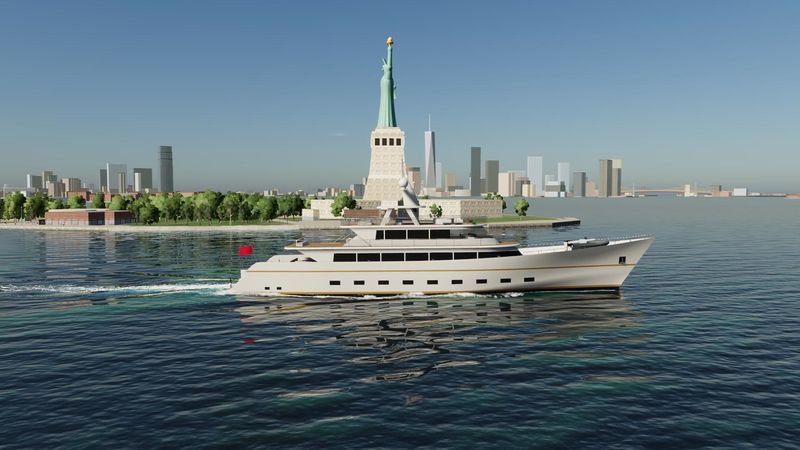 A superyacht passing the Statue of Liberty in New York Harbor, in Yacht Skipper